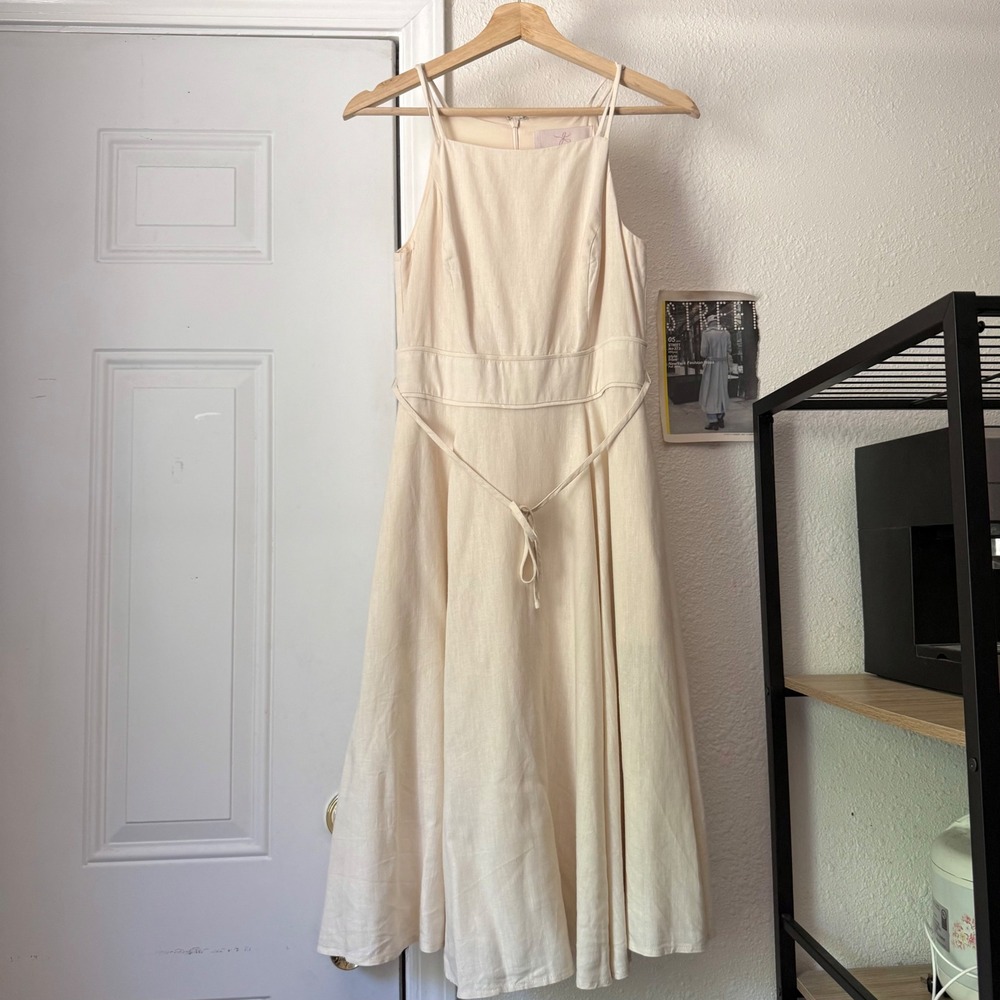 GAL MEETS GLAM ivory linen high square neck tie belt sleeveless midi dress